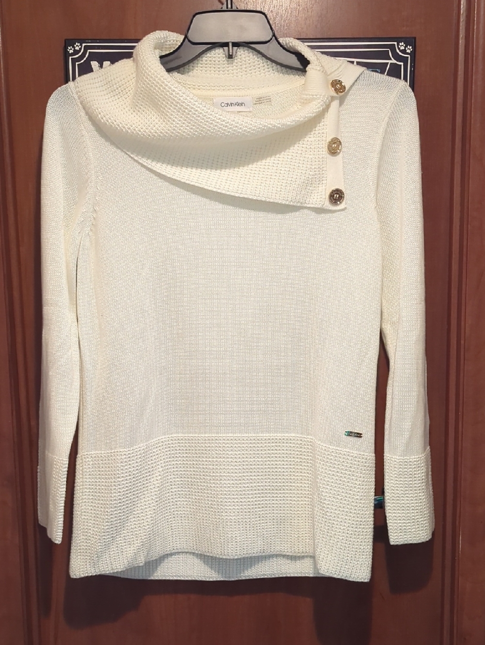 Calvin Klein Ivory Button-Collar Knit Turtleneck Sweater